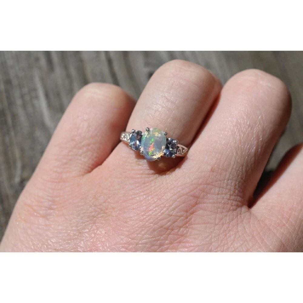 Ethiopian Opal and Tanzanite Ring Sterling Silver Oval Opal , October Birthstone